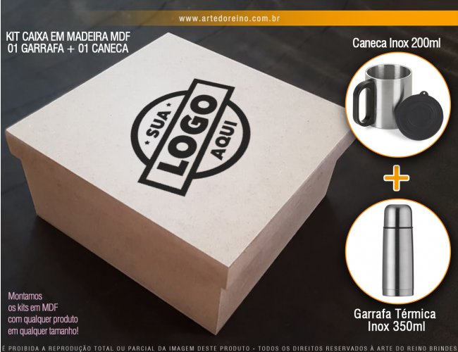 1221 - Kit Caneca e Garrafa Trmica em Caixa de Madeira MDF